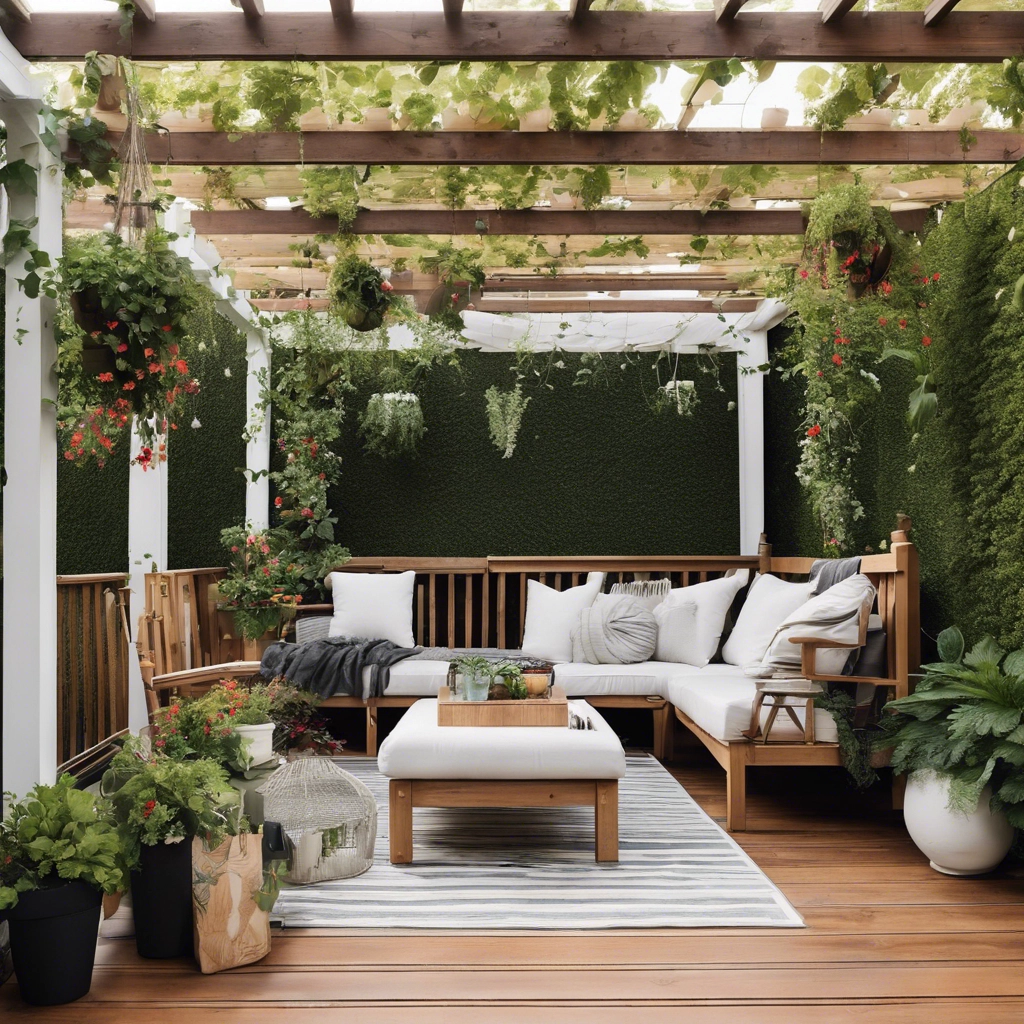 A beautifully decorated pergola patio with lush hanging gardens and comfortable seating, ideal for outdoor relaxation and green living.