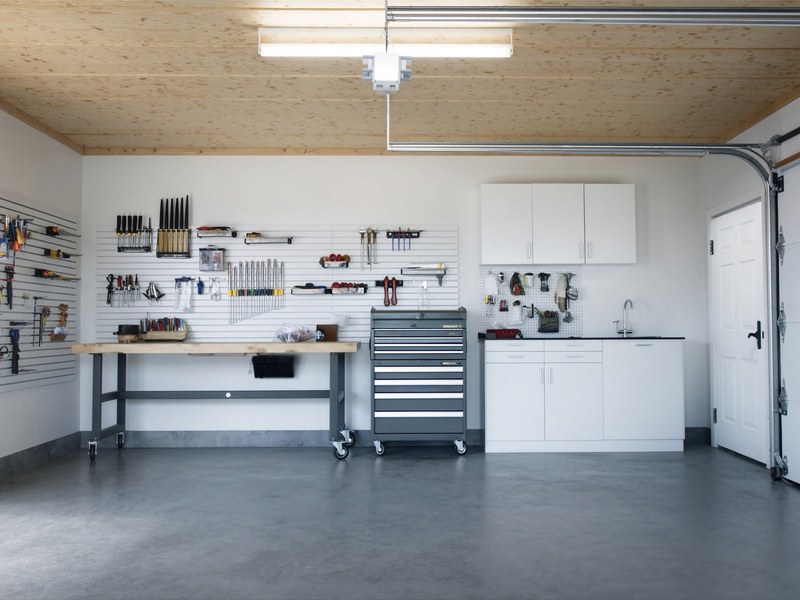 A well-organized garage space with storage solutions and ample room for tools and equipment, illustrating efficient use of space.