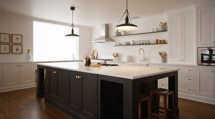 Contemporary kitchen blending modern design with rustic elements like a wooden column and floating shelves, showcasing a unique aesthetic.